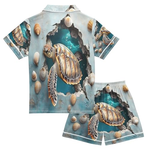 ALAZA 3d Sea Turtle Wall Satin Pajamas Set Short Sleeve Button Down Sleepwear Summer Pjs 2 Piece2