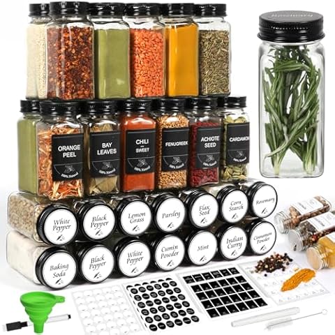 AuroTrends Empty Spice Jars with Labels 4oz 36Pack, Spice Containers with Labels- 4 oz Seasoning Containers with Preprinted Spice Labels for Pantry Organizers and Storage (4fl.oz, 36Pack) Cover