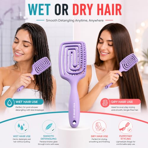 Image of BRAND VILLA Detangling Hair Brush for Women & Men | Anti Hair Fall Comb for Wet & Dry Hair | Flexible Vent Paddle Brush with Scalp Massager | Frizz Control for Curly, Straight, Thick, Long & Wavy Hair (Purple)