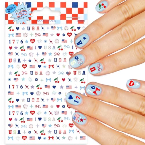 xo Fetti America 250 Nail Stickers - 948 Stickers 4 Sheet Pack | USA Nails Patriotic 4th of July Red White Blue America Stars Cherries 1776 Hearts Fireworks