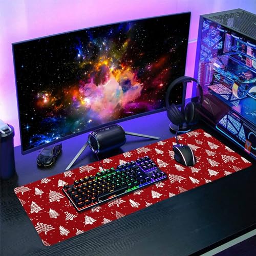 Image of Red Christmas Mouse Pad Christmas Tree Xmas Holiday Winter Extended Desk Mat 80X30 cm Non-Slip Rubber Base Stitched Edge Large XL Mousepad for Desk Gaming Laptop Desktop,31.5x11.8 Inch