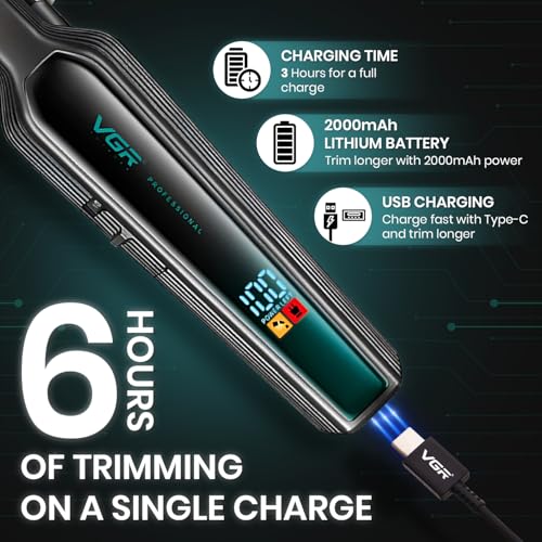 Image of VGR V-930 Professional Hair Trimmer for Men | Ceramic & Titanium Blades, 360 Mins Runtime, Type-C USB Charging Cable, 4 Adjustable Guide Combs with LED Display, Perfect for Home or Salon Use (Green)