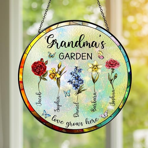 NAZENTI Personalized Grandmas Garden Stained Glass Suncatcher with Birth Month Flowers Custom Moms Garden Window Hanging Ornament Mothers Day Grandma Mom Gifts Gifts for Nana Mimi