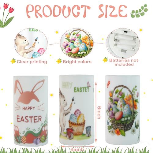 Image of 3PCS Easter Flameless Pillar Candles with Remote Control | Happy Easter Bunny Flower Rabbit Spring LED Candle Battery Operated, Colorful Flame, Long Lasting
