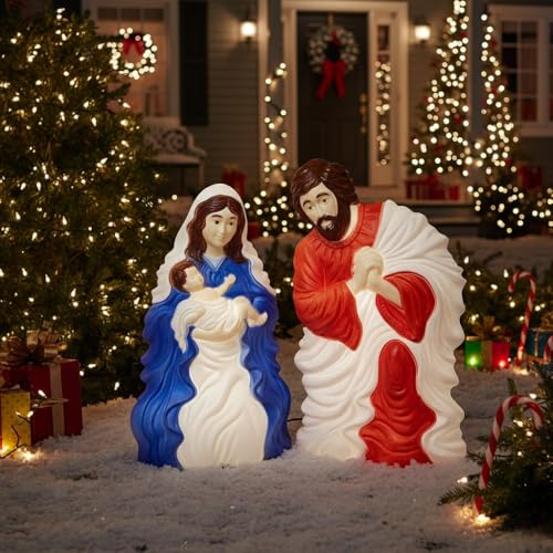 PMU Christmas Light-Up Nativity Set - Plastic Blow Mold 2 Piece Statue Illuminated with 6' Cord and Light - Nativity Family Set for Lawn, Yard, Home, Indoor and Outdoor Decor - 28 Inch