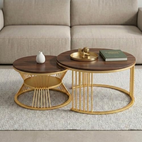 Image of Coffee Table, 20 inch Round Coffee Table Set of 2, Wooden Nesting Table with Metal Frame, Center Tables for Living Room Bedroom Balcony Bedside Table Gold Brown