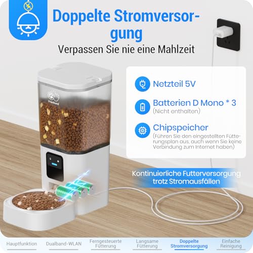 Frienhund 5G WiFi Futterautomat Katze mit APP: 7L Futterspender Katze mit Langsamer Vorschub, WLAN Katzenfutter Automat Kompatibel mit Alexa, Abnehmbare Konstruktion für Einfache Reinigung