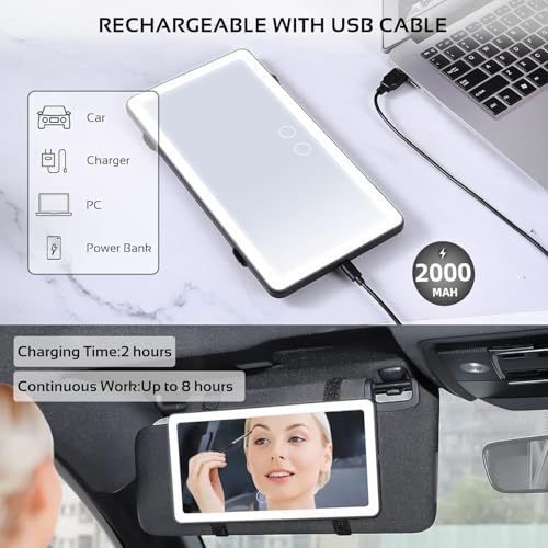 Image of Car Sun Visor Vanity Mirror With 80 LEDs - 3 Light Modes, Rechargeable, Dimmable Touch Control - Universal for Car, Truck, SUV