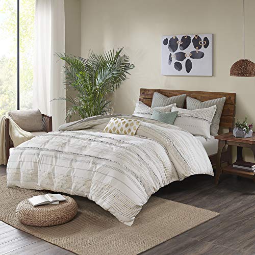Ink+Ivy Nea 100% Cotton Duvet Set Mid Century Modern Design, All Season Comforter Cover Bedding Set, Matching Shams, King/Cal King, Stripes Teasel Ivory 3 Piece #TOP1