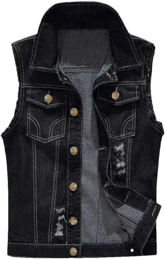 Men's Solid Color Casual Lapel Pocket Patchwork Ripped Denim Vest