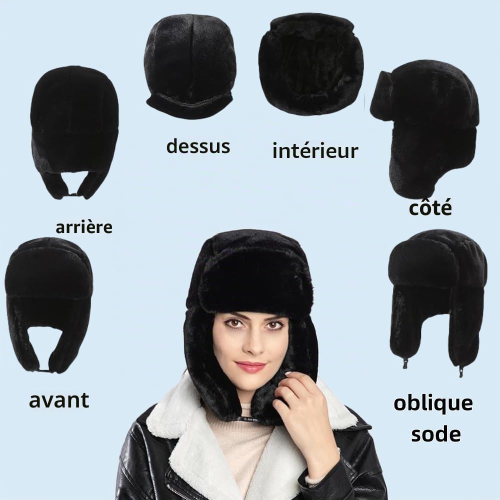 Chapeau de trappeur d'hiver - Chapeau russe - Chapeau d'hiver chaud avec oreilles - Coupe-vent - Fausse fourrure - Noir - Pour le patinage, l'extérieur ou un usage quotidien.