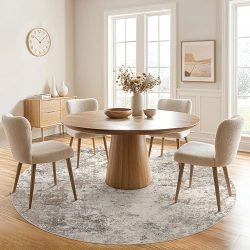 6ft Round Area Rug Living Room Rugs - 6x6 Washable Neutral Modern Abstract Soft Thin Rug Indoor Floor No Slip Rug Carpet for Bedroom Under Dining Table Home Office Decor - Brown Grey