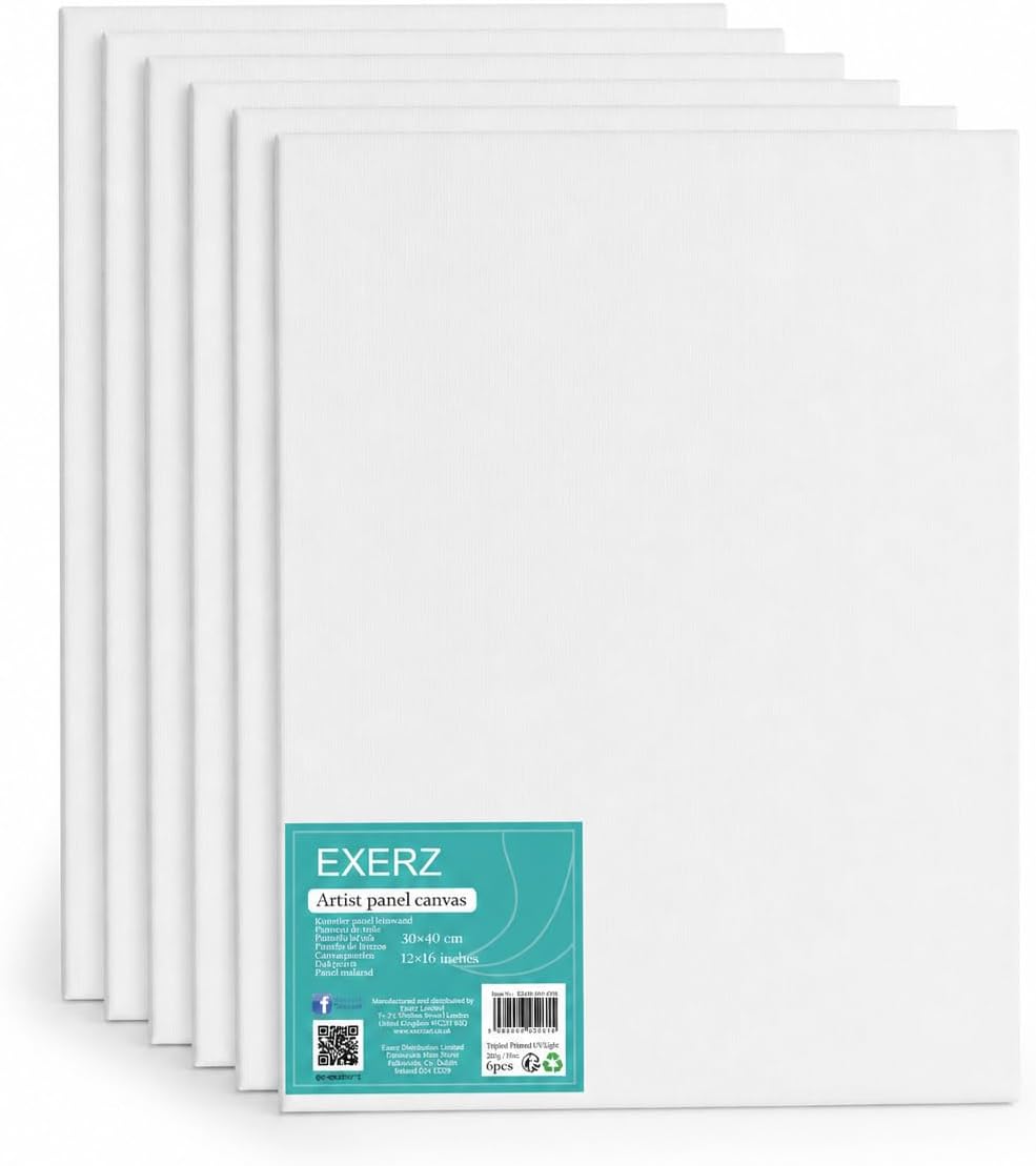 Exerz 30x40cm Canvas Panels 3mm 6pcs 280gsm 100% Cotton/Blank Artist Canvas Board/Triple Primed/Acid Free/Medium Grain - Oil & Acrylic Painting for Artists (30x40 cm - 6pcs), E5310-3040-6PK