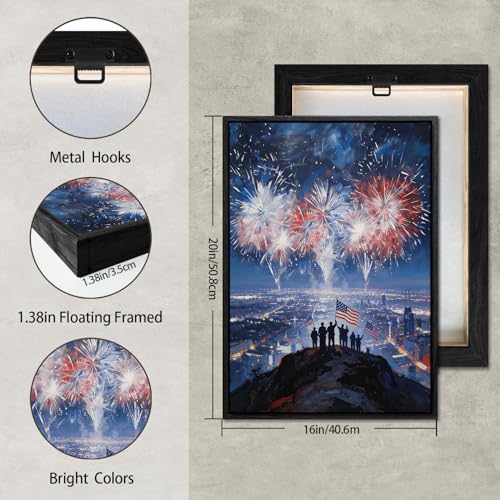 Image of American Flag Framed Canvas Wall Art, 4th of July Red White Blue Canvas Prints, Fireworks City View Patriotic Decorations, Modern Independence Day Wall Decor for Bedroom Living Room Office 16x20