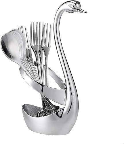 Miniatura 2 de AnSaw Soporte de base de cisne plateado con 20 cucharas de café con mango de hoja pequeña de 4.7 pulgadas (plata, 20)