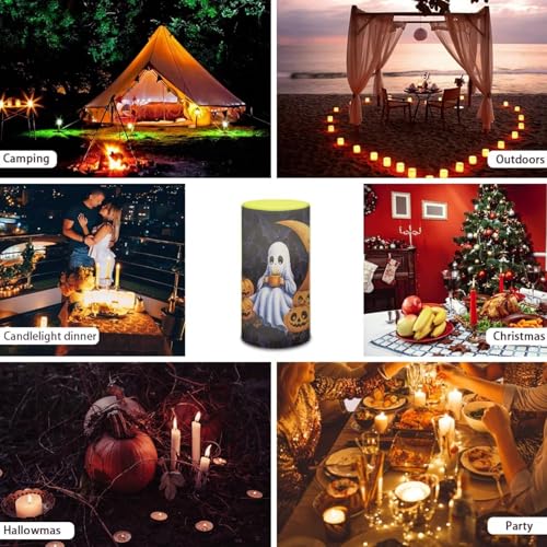 Image of Poceacles Ghost Moon Pumpkin Bat Flickering Flameless LED Battery Candles Pillar Candles Tealight with 18-Key Timer Remote with Colorful Light for Indoor Outdoor Home Halloween Decor