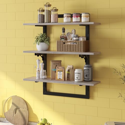 Bestier Floating Shelves for Wall, 24 inch Kitchen Shelves Wall Mounted, 3 Tier Coffee Bar Shelf with Foldable Brackets, Industrial Display Shelf for Bathroom, Living Room, Retro Grey Bestier Floating Shelves for Wall, 24 inch Kitchen Shelves Wall Mounted, 3 Tier Coffee Bar Shelf with Foldable Brackets, Industrial Display Shelf for Bathroom, Living Room, Retro Grey