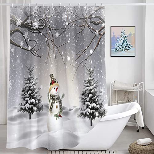 Winter Christmas Snowman Shower Curtains Snow Scene Pine Tree Waterproof Bath Curtain For Bathroom Xmas Holiday Bathroom Shower Curtain Set With Hooks 72X72 Inch #TOP1