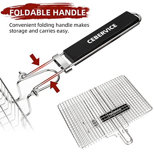 Cebervice Grill Basket Extra Large, 304 Food Safe Stainless Steel, Portable Folding Bbq Outdoor Camping Grilling Rack For Fish, Vegetables, Shrimp, Barbeque Griller Cooking Accessories, Grilling Gifts For Men, Dad, Father, Husband #TOP6