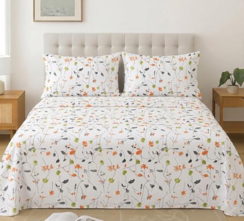Image of IVAZA 240 TC Soft Ezyption Cotton Floral Print King Size Bedsheet - with 2 Pillow Covers, Hypoallergenic, Brethable, (Size- 90 x 90 Inch) White Orange