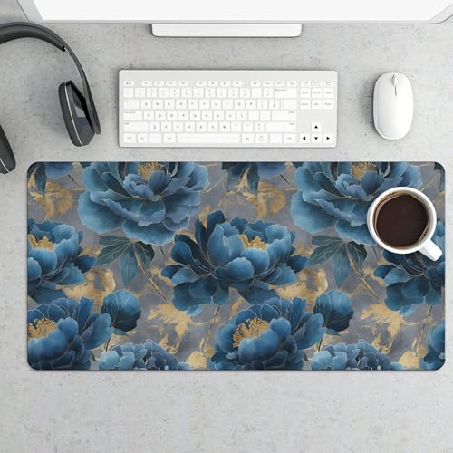Image of Floral Retro Blue Extended Gaming Mouse Pad, with Stitched Edges Large Mouse Pad Desk Protector, Rubber Base Mousepad Keyboard Mouses Mat for Work Game Office Home- 32 inch X 16 inch Inch