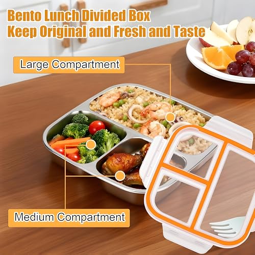Image of Motka 304 Stainless Steel Lunch Box 600ml with 3 Compartments, Leakproof Bento Tiffin Box with Sealed Lid and 4 Lock Clips for School, Office, Kids, Adults, Travel and Daily Meals-Black Lid