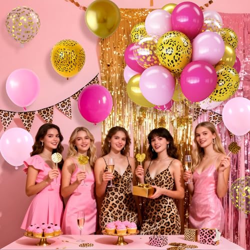 Image of Hot Pink Cheetah Balloons, 60Pcs 12Inch Light Pink Metallic Gold & Leopard Print Balloons with Confetti Latex Balloon for Girl Women Birthday Bachelorette Baby Shower Safari Animal Theme Party Decor