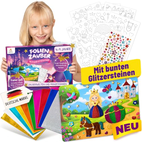 SpielLieb® Folienspaß – Folienzauber Bastelset Kinder 4 Jahre, Foil Art Glitzer Bastelset Mädchen 4 5 6 7 8 9 Jahre – Bastelset Kinder, Mitgebsel Kindergeburtstag, DIY-Aktivität Prinzessinnen