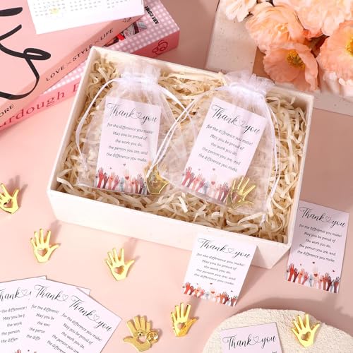 30 Set Volunteer Appreciation Gifts Bulk-30 Volunteer Awards Gold Hands Lapel Pin,30 Thank You Cards,30 Organza Bags You Make A Difference Favors for Employee Social Worker Teacher Staff Charity4