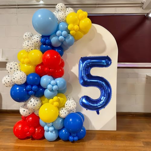 Image of 5th Birthday Decorations Boy, Dog Paw Fifth Birthday Balloons Arch with Red Blue Yellow Long Latex Balloons and Number 5 Balloon Star Foil Balloon for Paw Party Supplies
