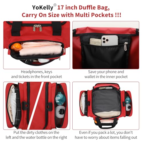 Image of Small Duffel Bag, 17 inch, Red | 25L, Multi Pockets, Carry On, Weekender Bag, Travel Gym Sport, 17x10x9 in