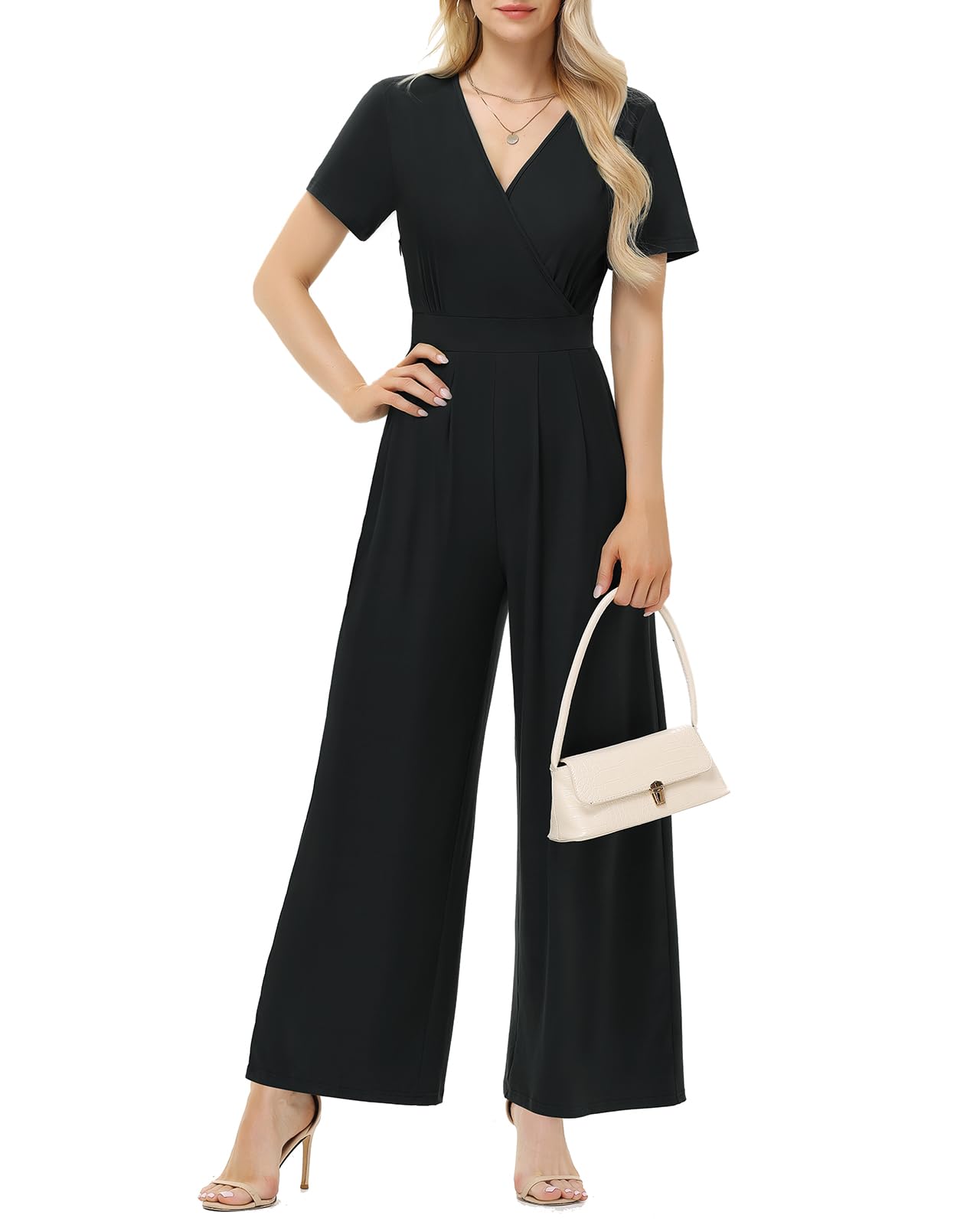 Tanmolo Damen Jumpsuit Elegant Sommer Kurzarm V-Ausschnitt Overall Weites Bein Romper Mit Taschen