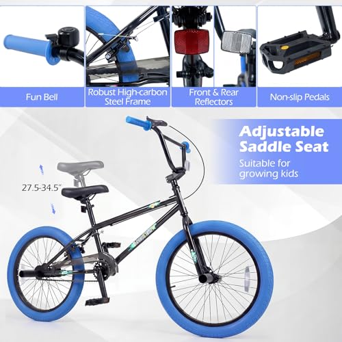 Image of Goplus Freestyle BMX Bike, 20 inch Trick Bicycle w / 360 Degree Steering, 4 Pegs, Adjustable Seat, U-Brake, Hi-Ten Steel Frame, Training Bike for Beginner Riders Teens Youth Boys Girls