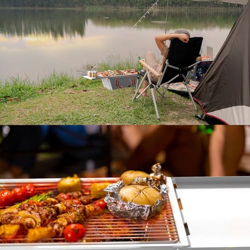 Dripex Faltbare Holzkohlegrill BBQ Einstellbar Campinggrill Tragbarer Reisegrill Hitzebeständigkeit Klein Klappgrill mit Tasche Handschuhe für Camping Outdoor Reisen - Edelstahl 65 x 25 x 14cm
