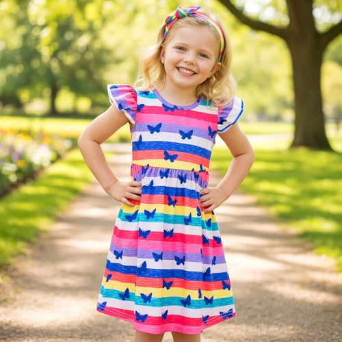 Image of Toddler Little Girls Casual Dresses Short Sleeve Crew Neck Graphic Cartoon Dress for 2-8 Years