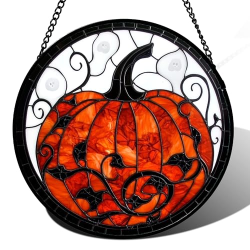 Image of Stained Glass Window Hanging - Halloween Red White Scary Pumpkin Suncatcher for Doors Garden Home Spooky Rattan Sun Catchers Gothic Decor Horror Gifts for Women Men Friend Boy Girl 6.3 in