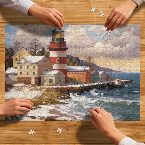 Rompecabezas para adultos 1000 piezas, juego para adultos y familia Escenario costero de invierno - Faro en la costa nevada C0836 miniatura 6
