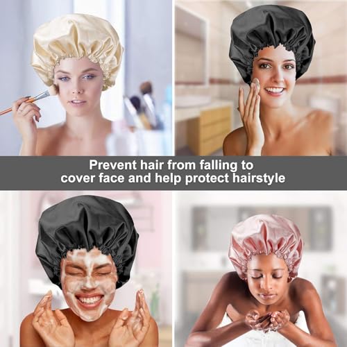 Image of Shower Cap For Women Men 3PCS Shower Caps For Women Waterproof Shower Cap, Reusable Shower Cap Long Hair Bonnet Set For Kids With Black Gold Pink Bath Cap. (F- Multi)