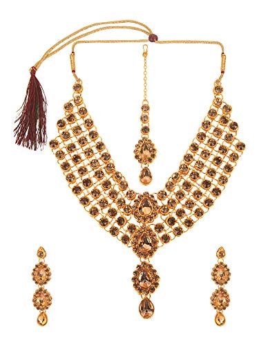 Efulgenz Indian Bollywood Traditional 14 K Gold Plated Faux Rhinestone Crystal Choker Necklace Earring Maang Tikka Jewelry Set