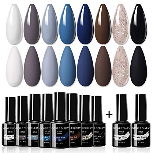 NICOLE DIARY 10PCS 8ml Smalto Semipermanente Kit 8 Colori Smalto per Unghie Semipermanente con Base Top Coat Soak Off UV Gel Grigio Blu Glitter Colori Kit per Unghie