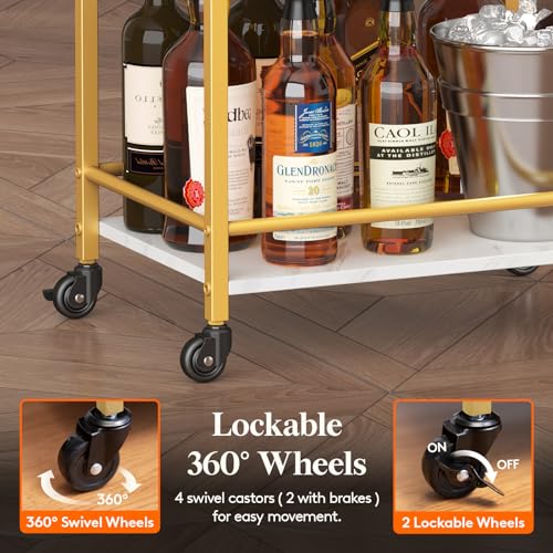 Lifewit Drink Trolley, 3 Tier Rolling Bar Cart, Tea Serving Trolley on Lockable Wheels, Kitchen Cocktail Alcohol Trolley for Dining Living Room, 43.2 x 30 x 81.5 cm, Gold - Image 4
