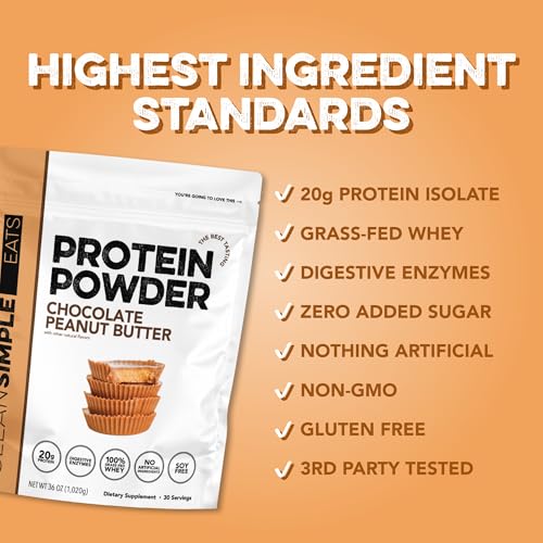 Image of Clean Simple Eats Whey Isolate Protein Powder, Chocolate Peanut Butter, Naturally Sweetened, 0 Added Sugar, 20g 100% Grass Fed Protein Powder with Digestive Enzymes, Gluten Free, Non GMO, 30 Servings