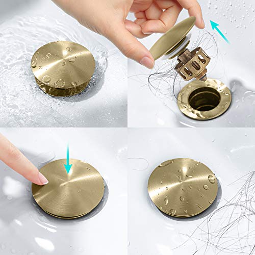 KAIYING Pop Up Drain, Bathroom Sink Drain Stopper with Overflow, Vessel Sink Drain Assembly with Detachable Basket Stopper, Anti-Explosion And Anti-Clogging Drain Strainer (Brushed Gold)