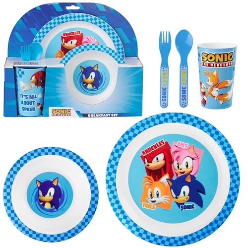 Get Trend SONIC THE HEDGEHOG Set Vaisselle Enfant 5 Pièces, Assiette Bol Tasse Cuillère Fourchette Plastique Réutilisable, Sans BPA, Service de Table (Bleu...