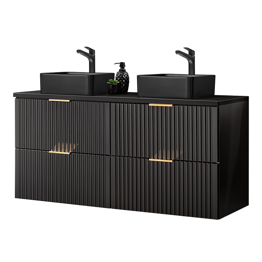 Lomadox Doppio lavabo con 2 vasche da appoggio nero opaco scanalato, larghezza x altezza x profondità ca. 120,6 x 72,2 x 46,5 cm