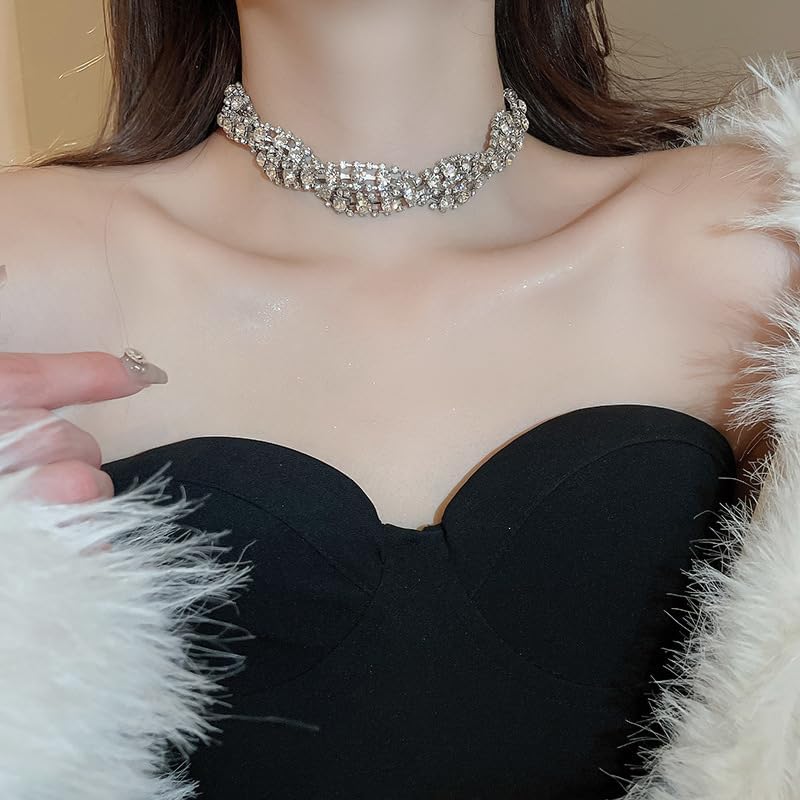 Chargances Elegant Sparkly Crystal Necklace Statement Silver Rhinestone Twisted Choker Fashion Short Collar Necklace for Party Women - Image 3