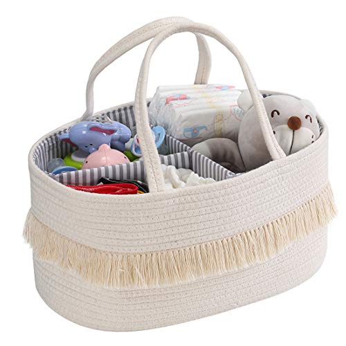 Image of MBJERRY Baby Rope Diaper Caddy Organizer - Nursery Storage Bin Canvas Portable Diaper Storage Basket with Removable Inserts for Changing Table &Car, Newborn Baby Shower Basket
