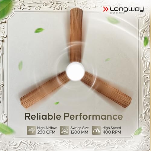Image of LONGWAY Luminair Max 1200 mm BLDC Ceiling Fan with Remote Control & LED Light | BEE 5 Star Rated Energy Efficient | Ultra High Speed 3 Blade Anti-Dust Decorative | 5 Years Warranty (Smoked Cedar)