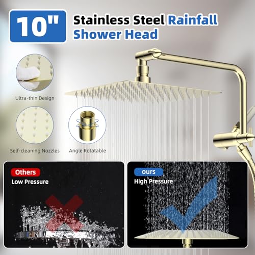 Image of 10 inch Metal Rainfall Shower Head with 10-Mode Handheld, Brushed Gold