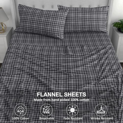 RUVANTI Flannel Sheets Queen Size - 100% Cotton Double Brushed Bed Sheets, Deep Pockets 16 Inches Queen Sheet Set, All Seasons Breathable & Extra Soft - Warm & Cozy, 4 Piece, Grey Plaid - 3